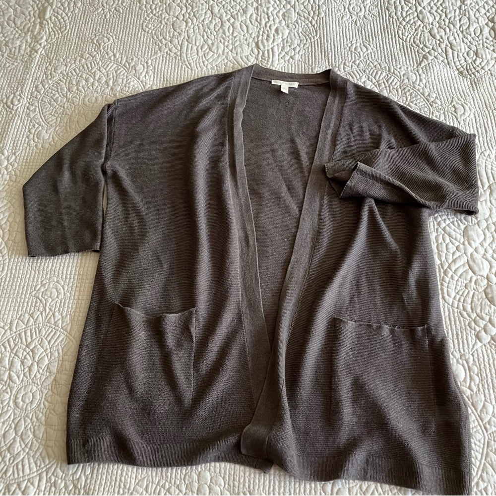 Eileen Fisher grey organic linen 3/4 sleeve cardigan